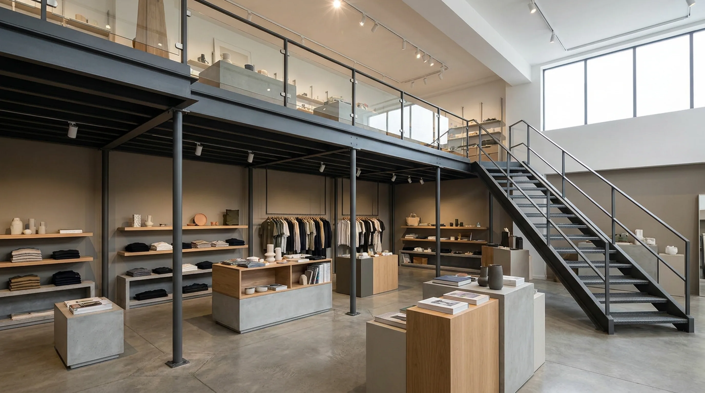 Retail mezzanine level above a shop floor, with a glass balustrade and an open steel staircase